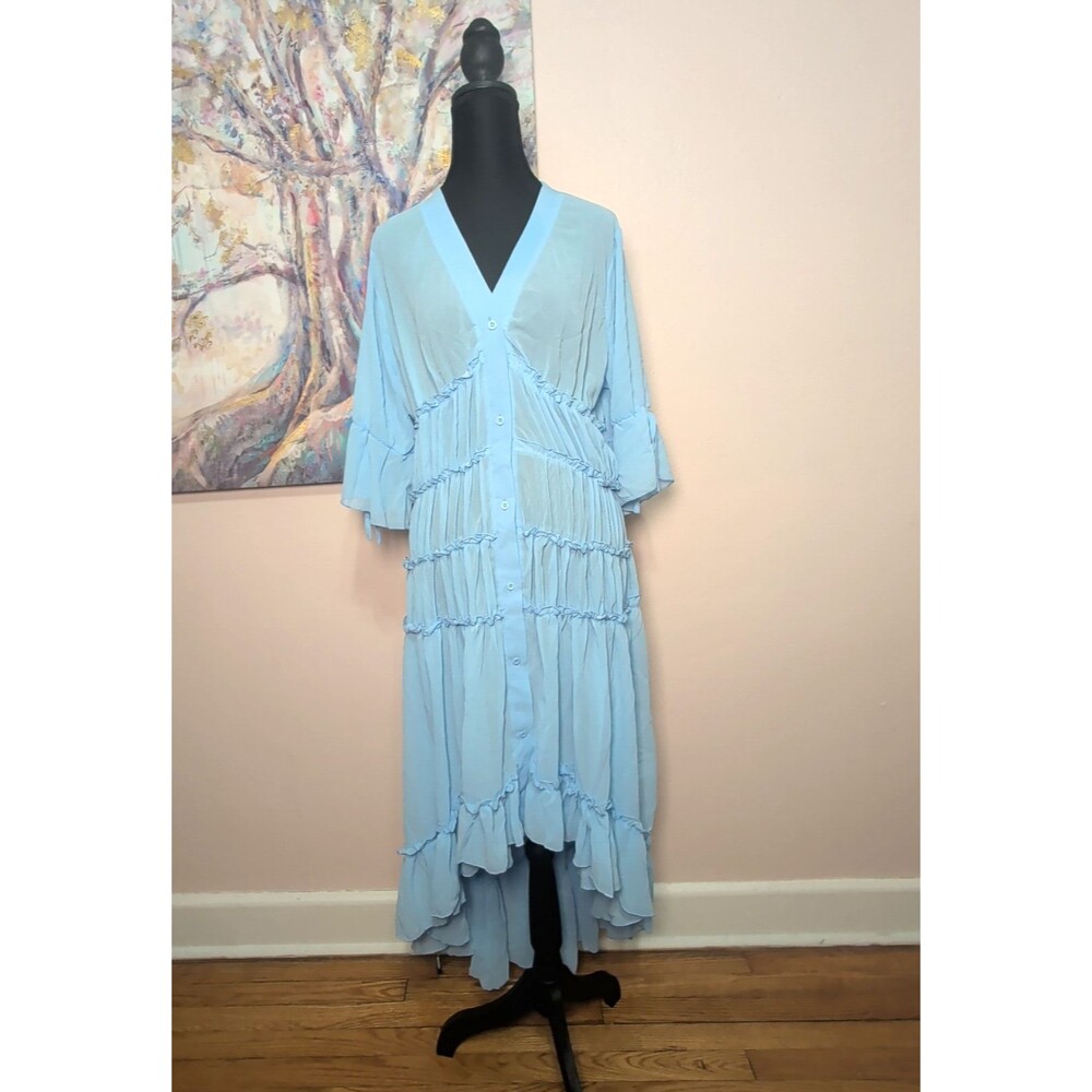 Womens Boho Large Baby Blue Sheer Chiffon Ruffled Tiered High Low Dress - Picture 3 of 15